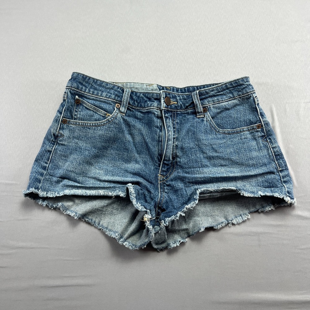 Volcom Denim Cut Off Shorts Womens 29 Blue Cotton Stoney Stretch Raw Hem Zip Fly